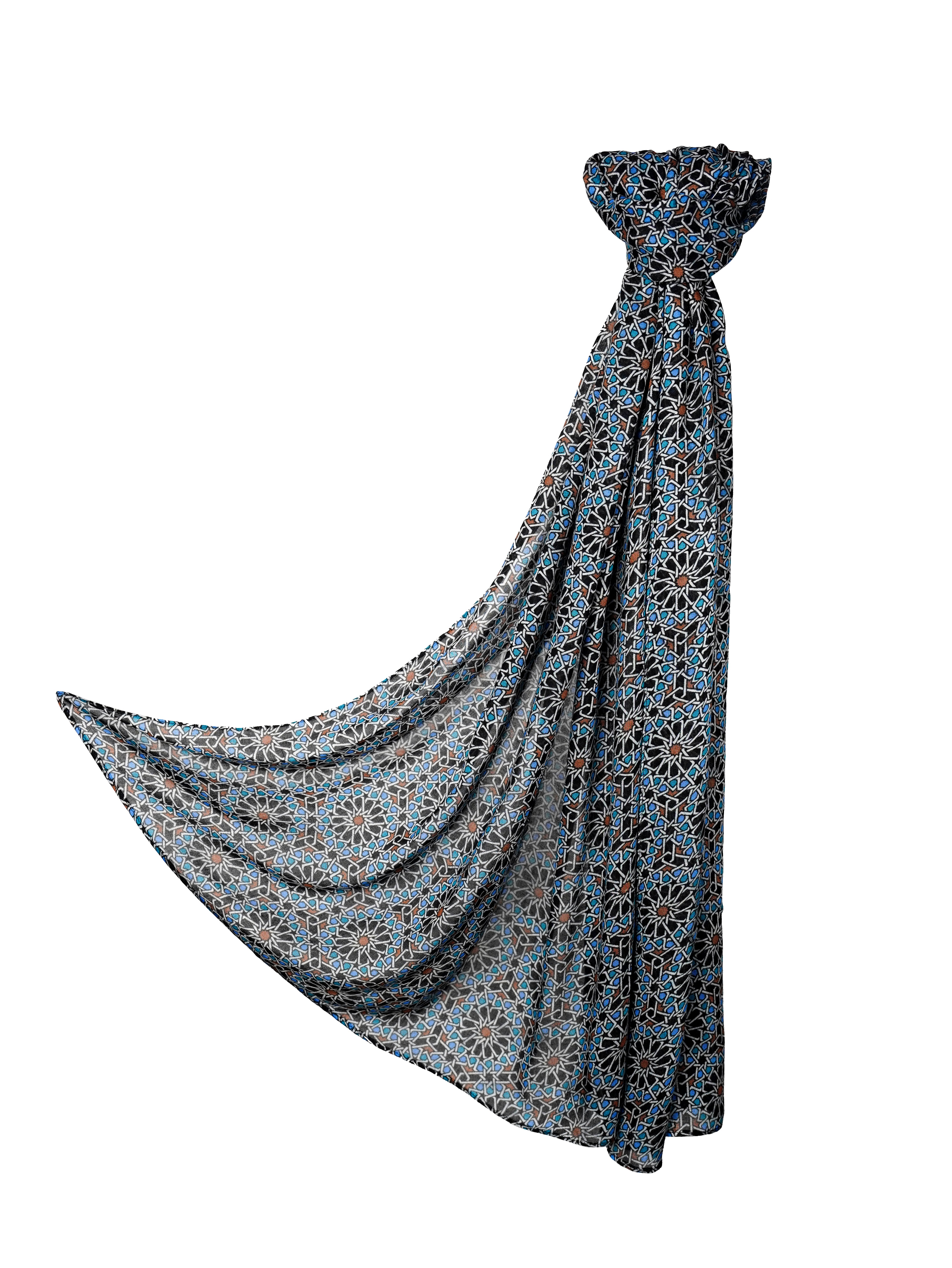 Fezaic Bamboo Modal Hijab featuring a mosaic tile print inspired by the colors of Morocco, with intricate patterns in blue, black, and earthy tones.