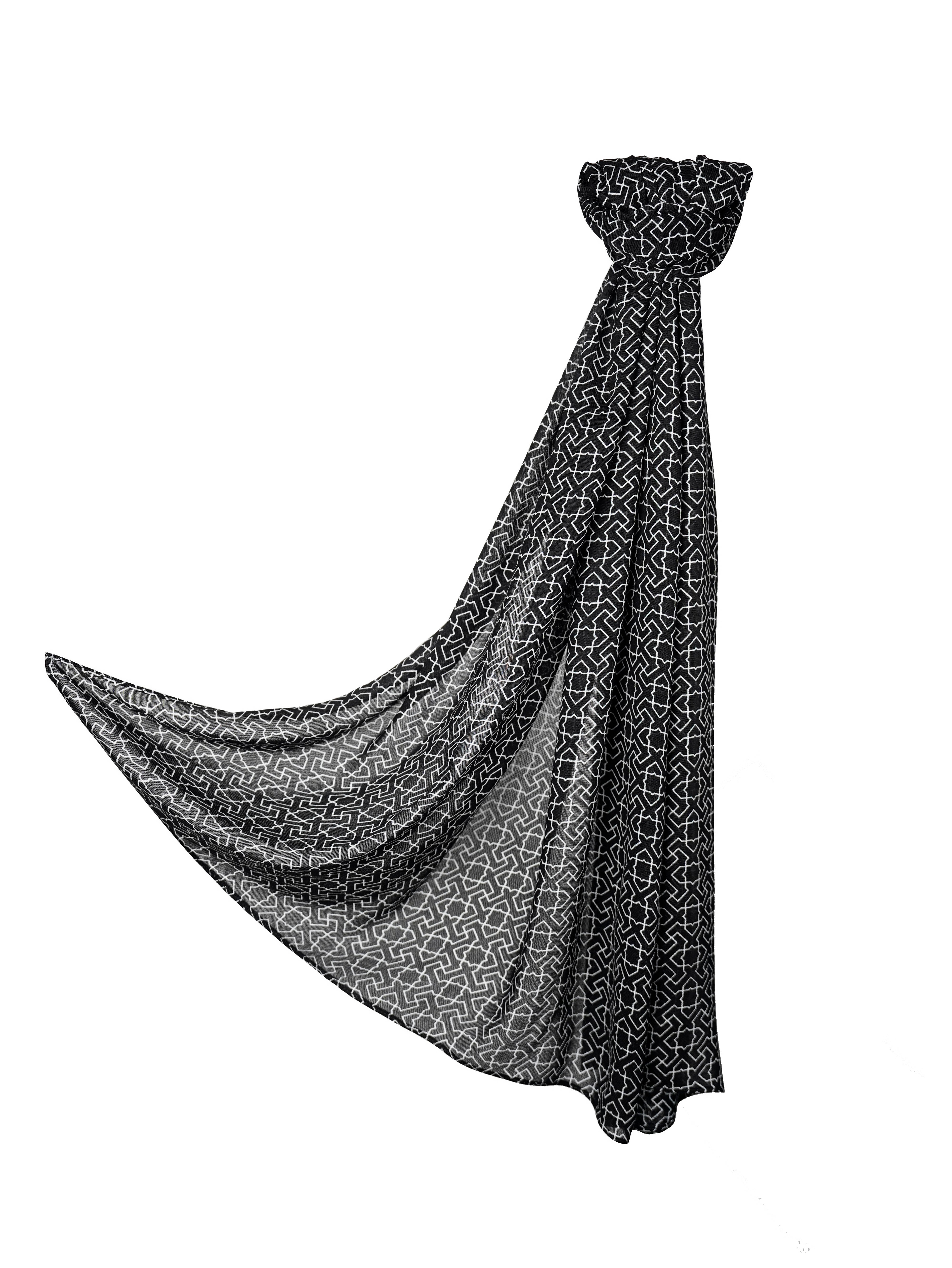Geo Black Bamboo Modal Hijab in black featuring a modern geometric pattern in white, offering a sleek and stylish design that blends elegance with contemporary appeal.