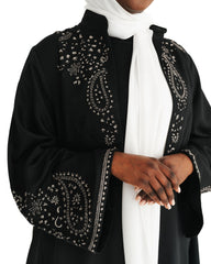 Black & White Embroidered Open Abaya