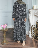 Black and White Floral Printed Tiered Abaya