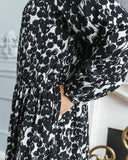 Black and White Floral Printed Tiered Abaya