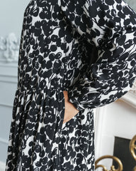 Black and White Floral Printed Tiered Abaya