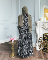 Black and White Floral Printed Tiered Abaya