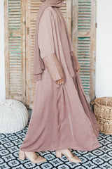 Coffee Corded Embroidered Open Abaya