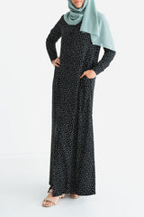 Black Button-Front Printed Abaya