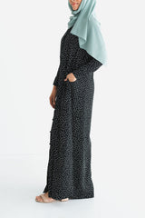 Black Button-Front Printed Abaya