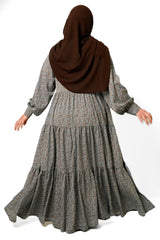 Dusky Blue Printed Buttoned Tiered Abaya