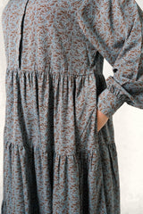 Dusky Blue Printed Buttoned Tiered Abaya