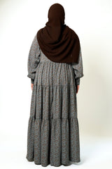 Dusky Blue Printed Buttoned Tiered Abaya