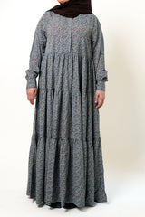 Dusky Blue Printed Buttoned Tiered Abaya