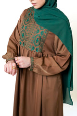 Tan Embroidered Bodice Abaya
