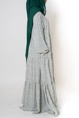 White Ditsy Floral Buttoned Tiered Abaya