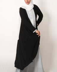 Black Matte Jersey Long Asymmetrical Cardigan