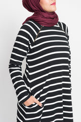 Black and White Stripe Double Zip Abaya