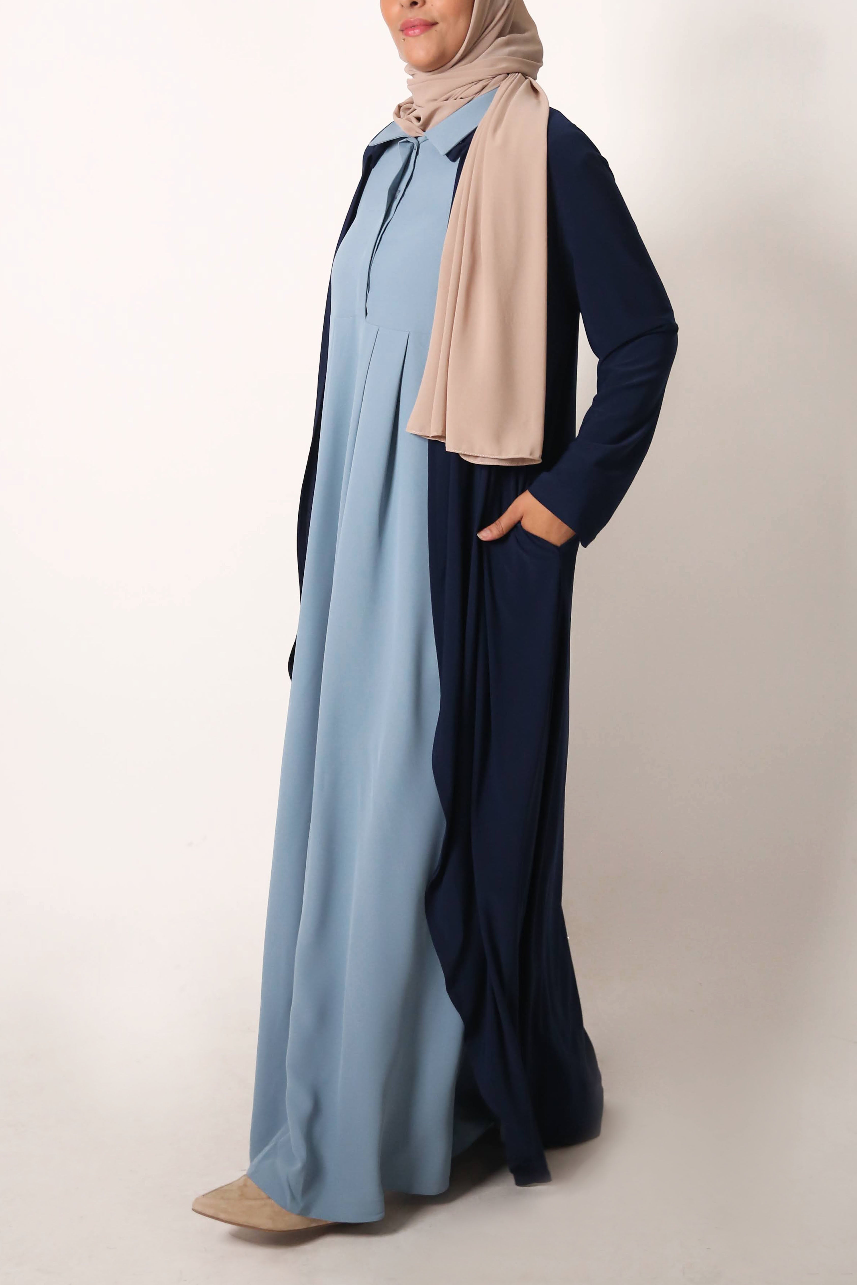 Dusty Blue Box Pleated Abaya