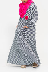 Girl's Navy Stripe Fuschia Corsage Abaya