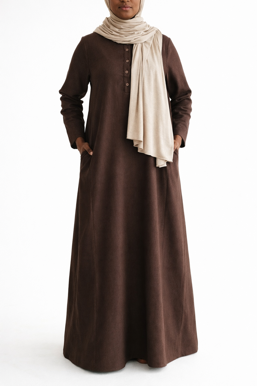 Women's Cocoa Brown Linen Henley Abaya