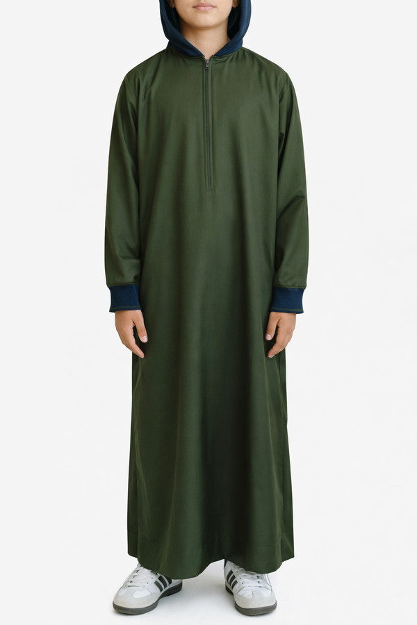 Boy's Army Green Zipper Hoodie Thobe