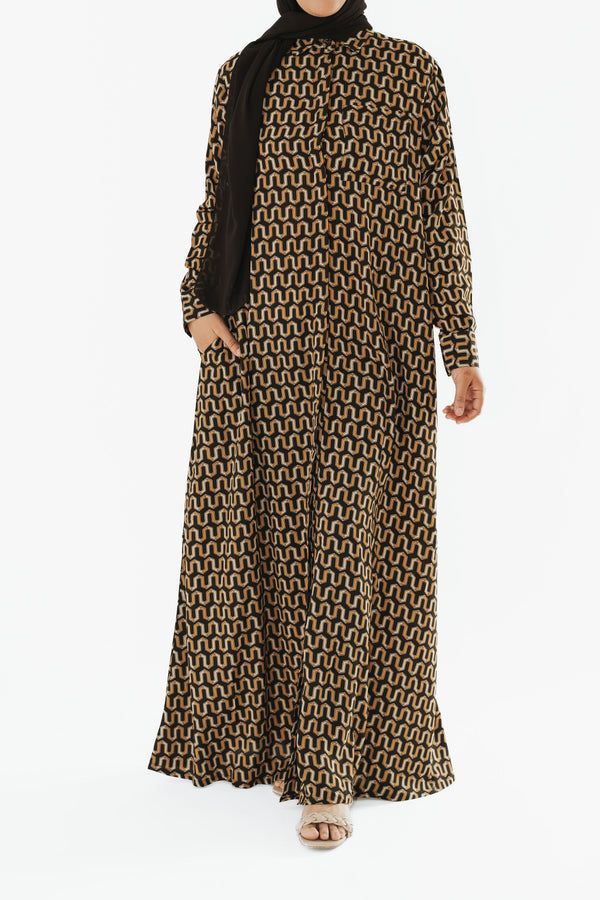Brown Retro Zig Shirt Dress Buttoned Abaya