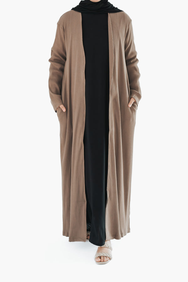 Mocha Ribbed Open Abaya