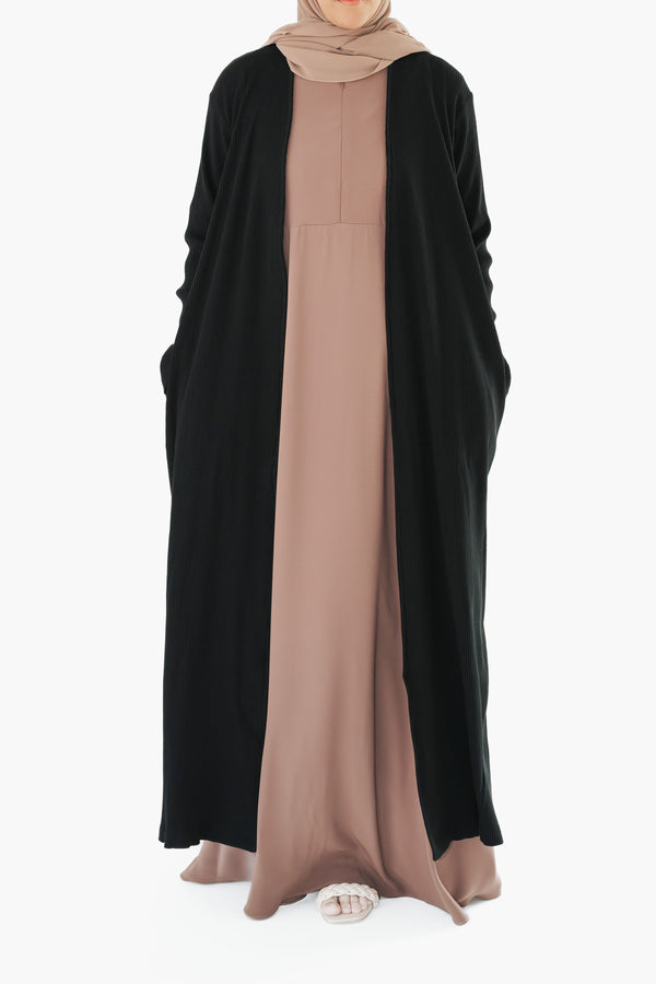Black Ribbed Open Abaya