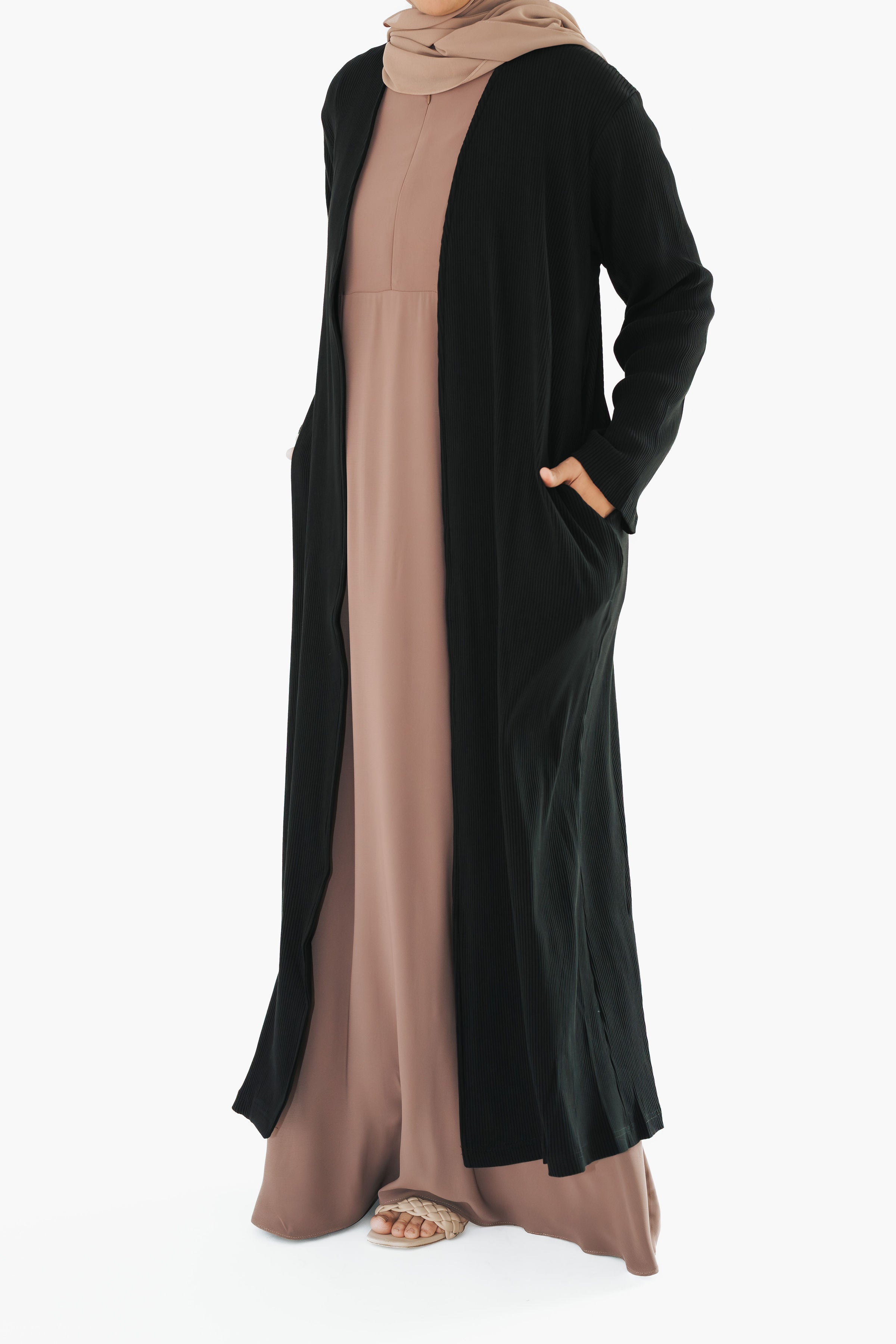 Black Ribbed Open Abaya