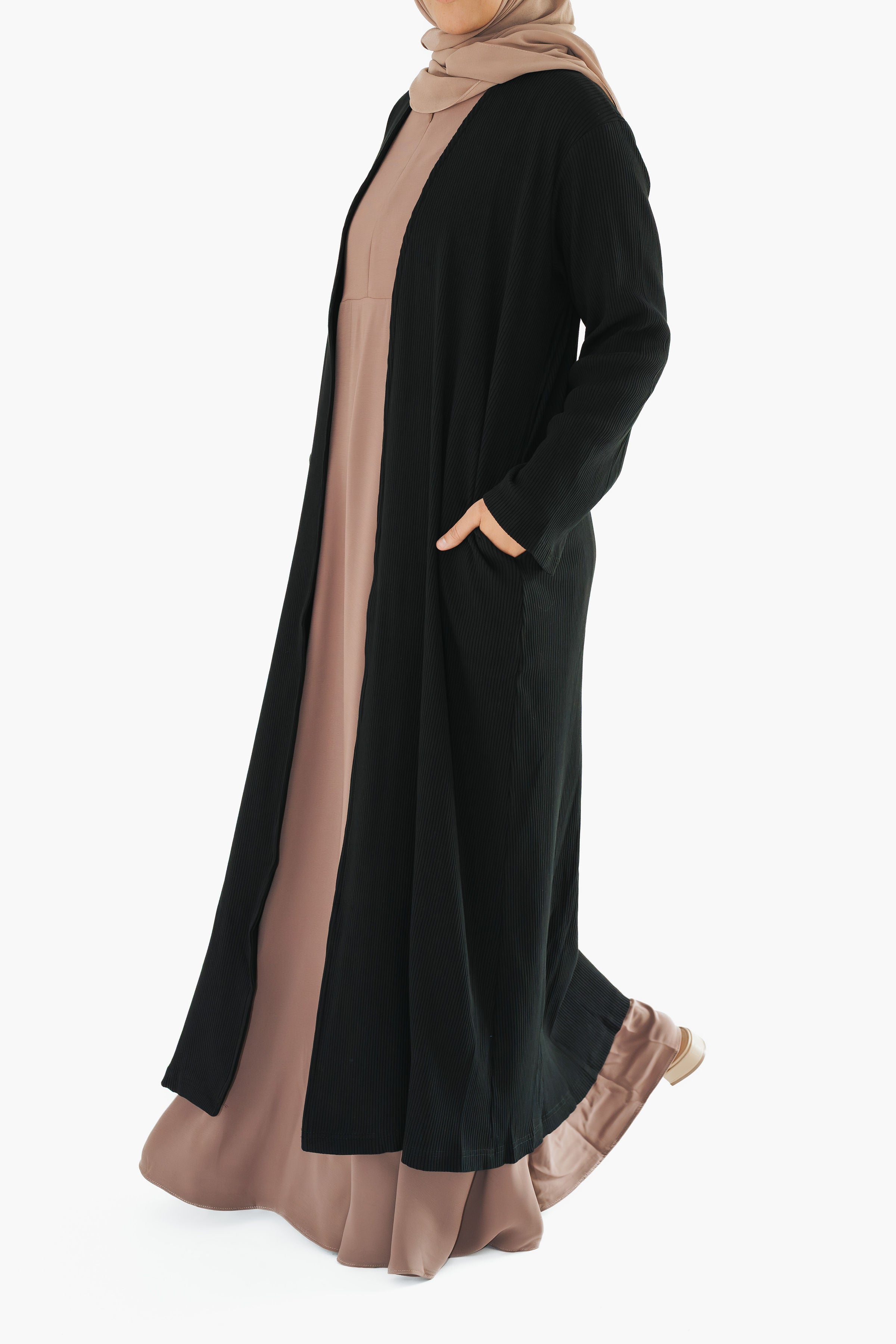 Black Ribbed Open Abaya