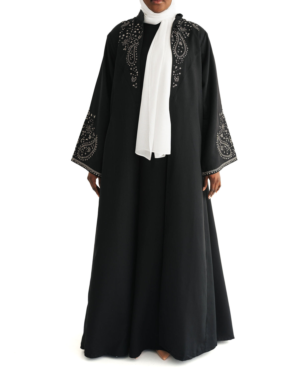 Black & White Embroidered Open Abaya