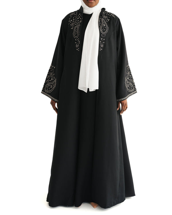 Black & White Embroidered Open Abaya