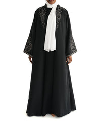 Black & White Embroidered Open Abaya