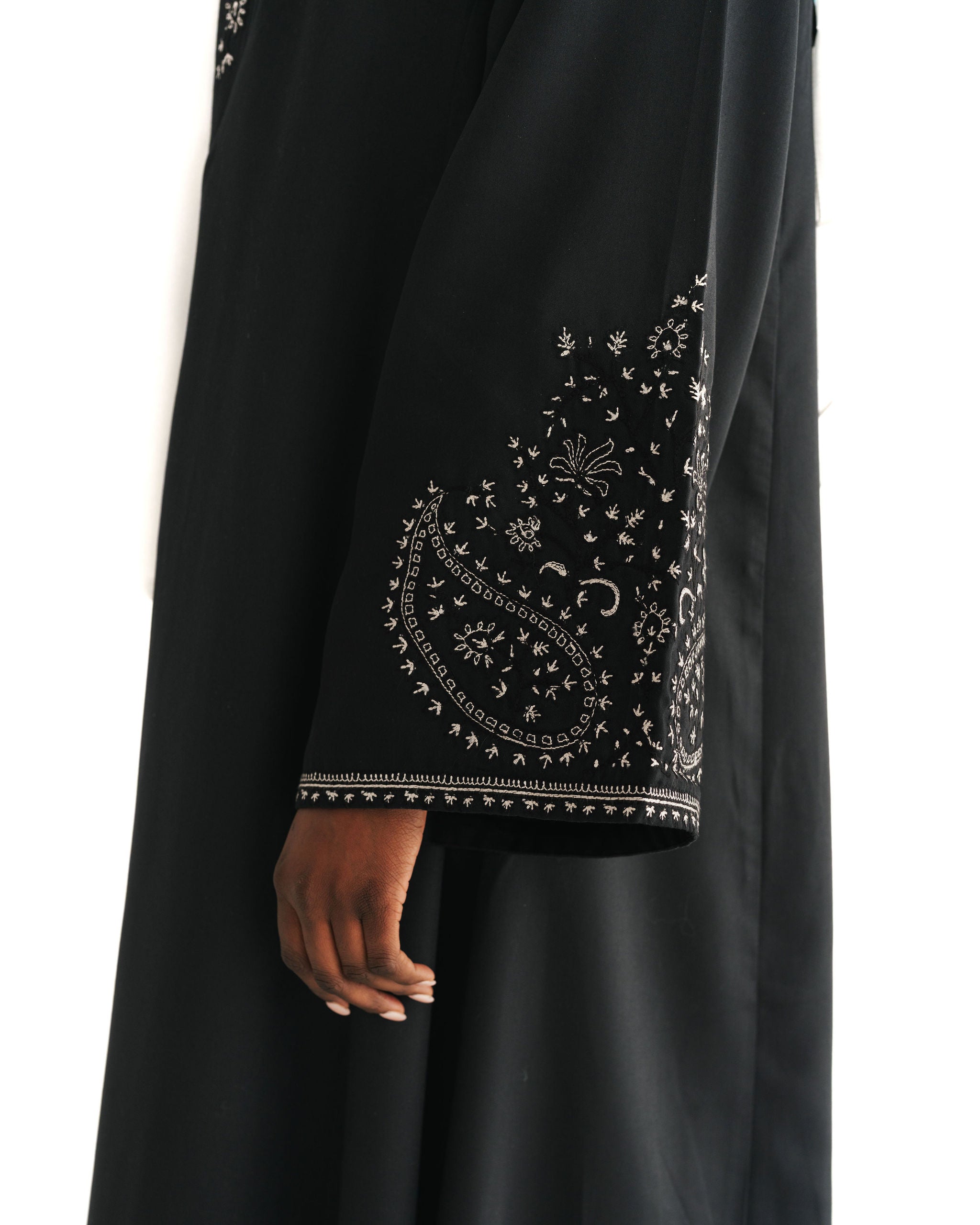 Black & White Embroidered Open Abaya