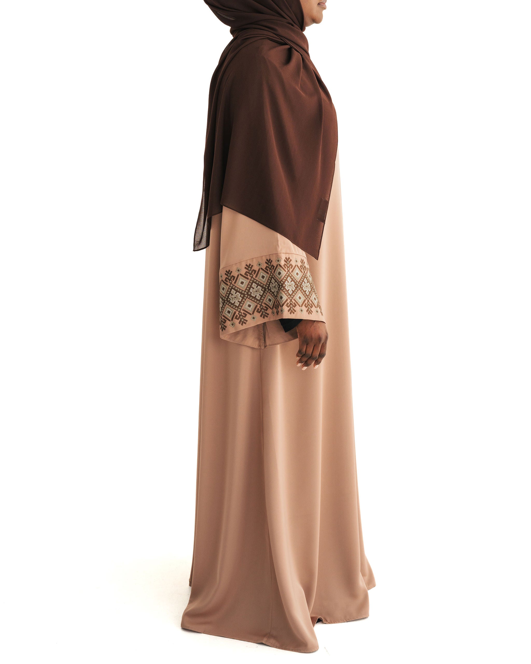 Coffee Embroidered Wide Sleeve Abaya