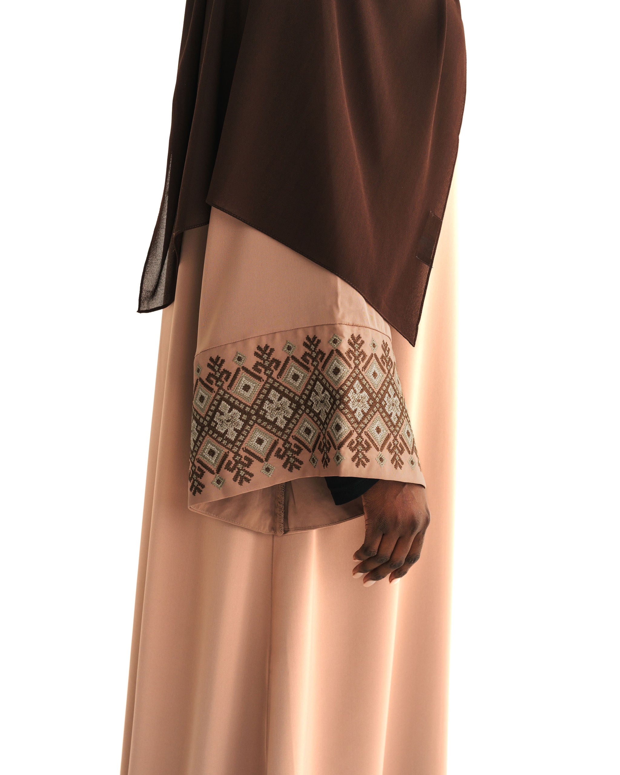 Coffee Embroidered Wide Sleeve Abaya