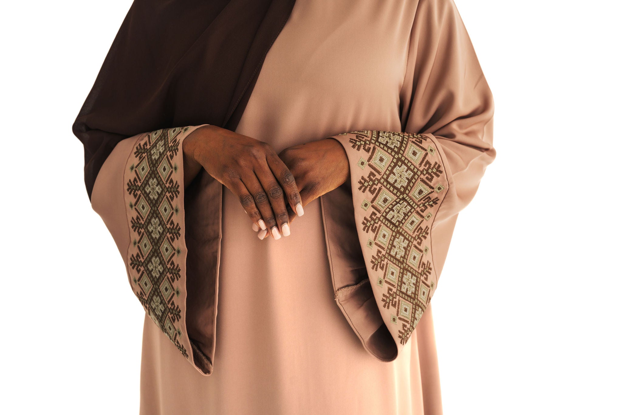 Coffee Embroidered Wide Sleeve Abaya