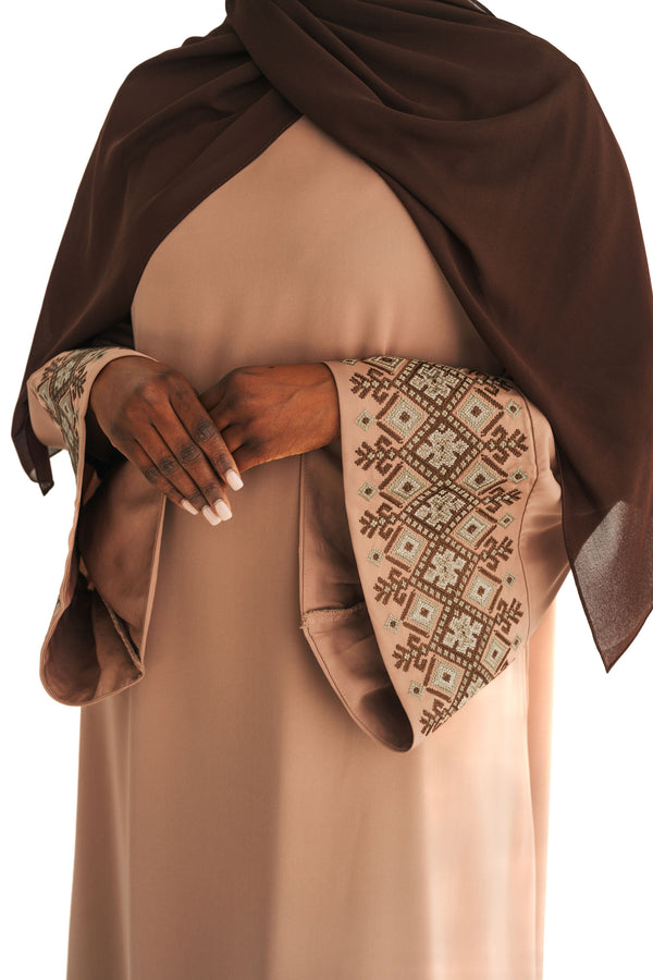 Coffee Embroidered Wide Sleeve Abaya