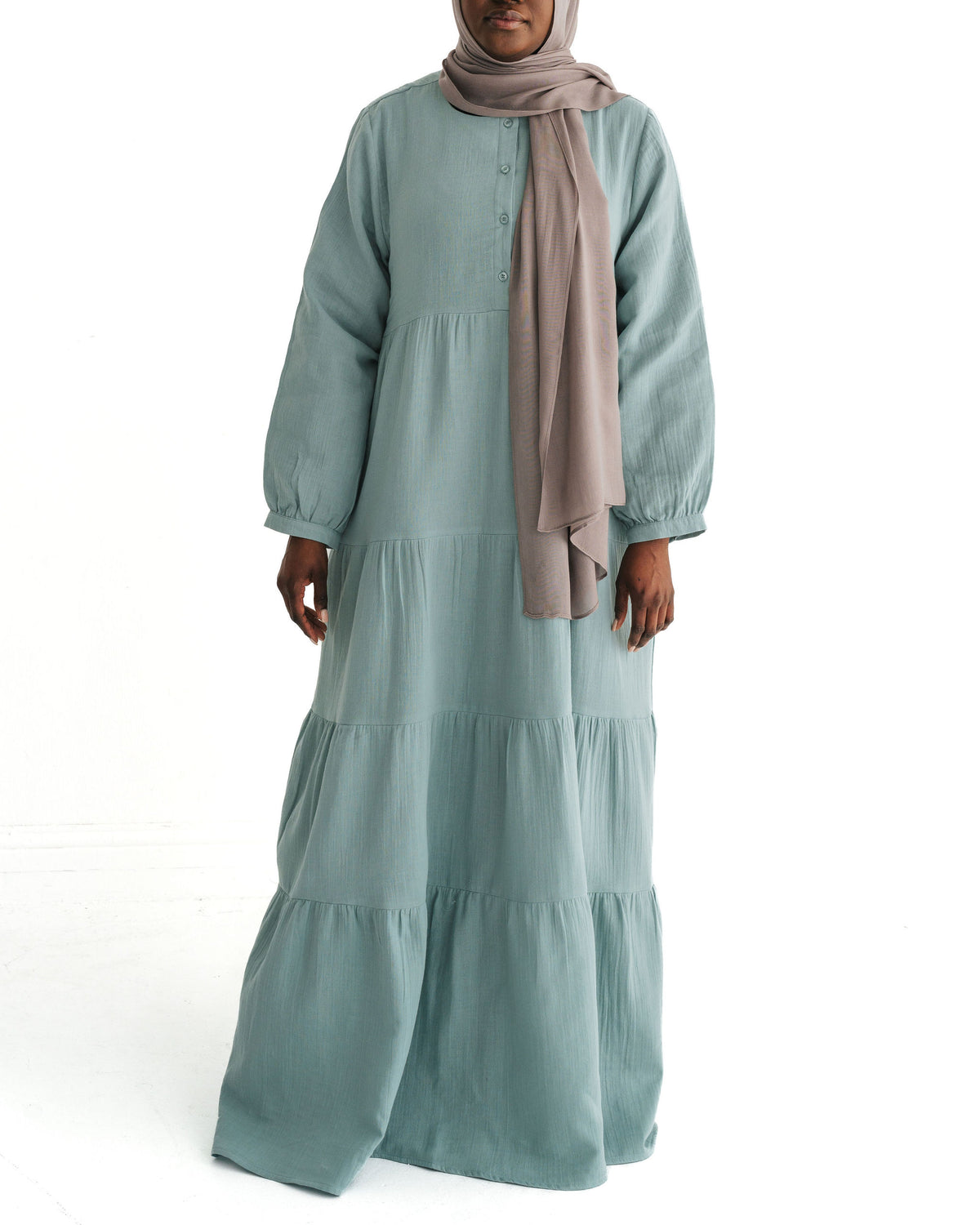 Women's Coastal Blue Muslin Tiered Abaya Dress
