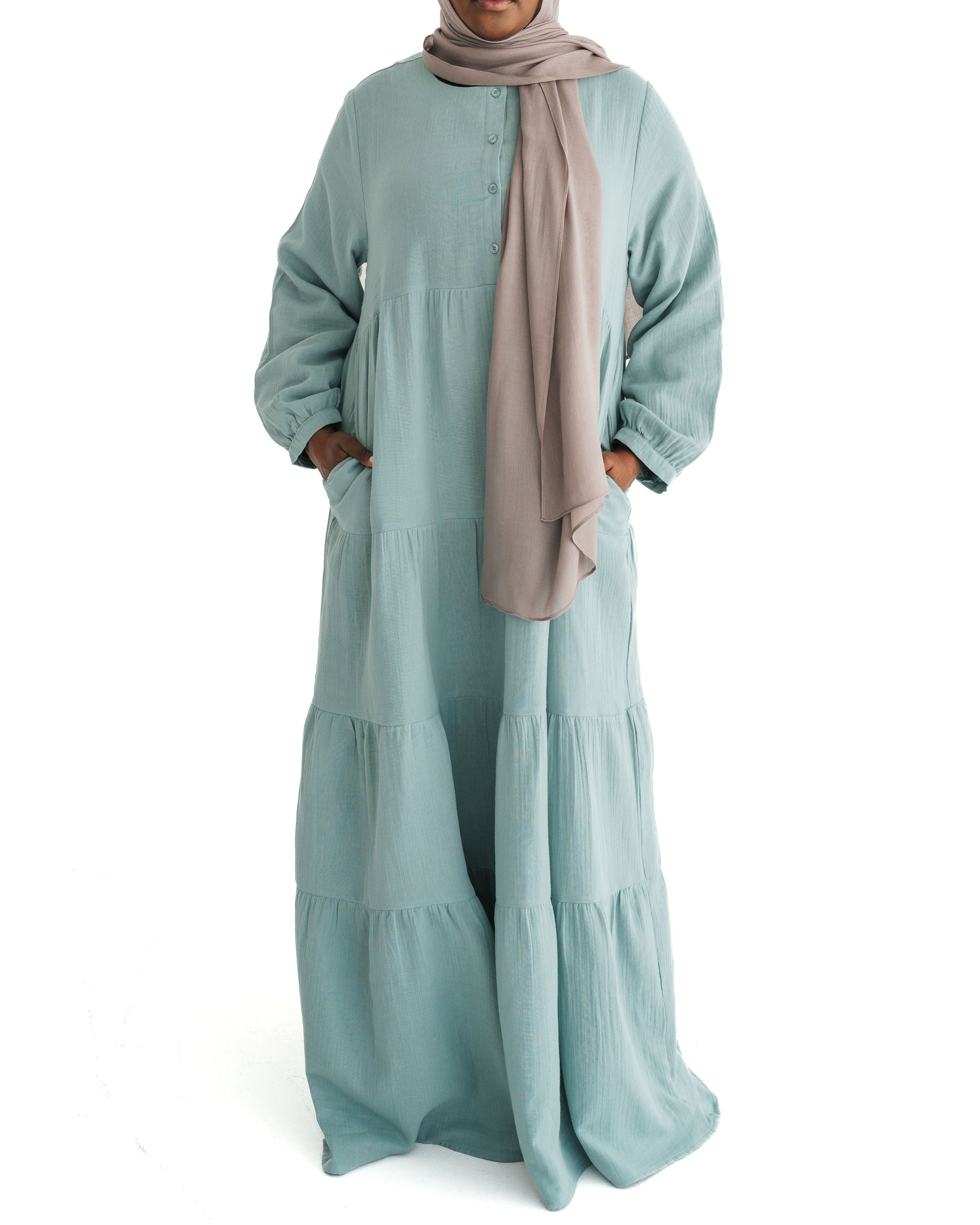 Women's Coastal Blue Muslin Tiered Abaya Dress