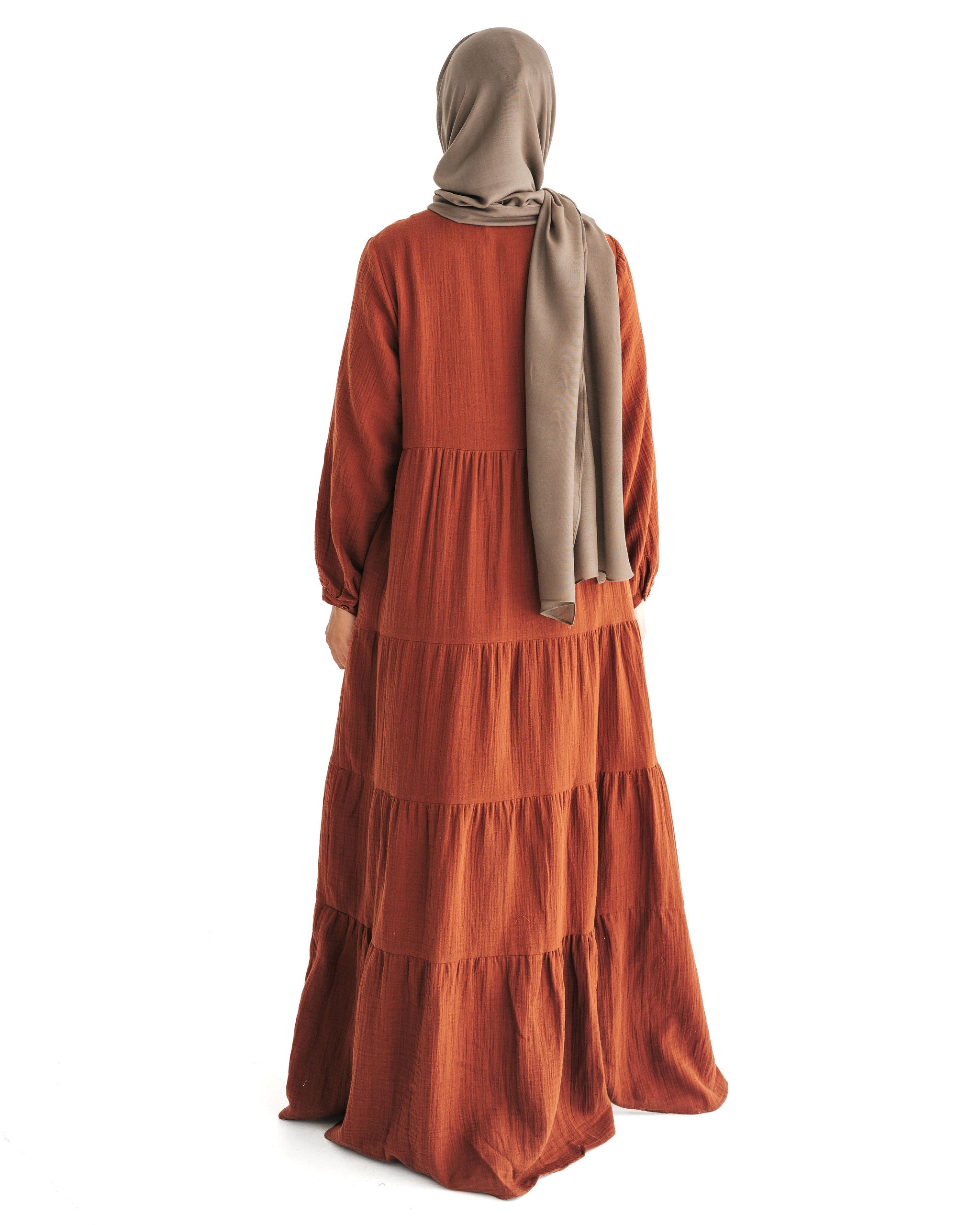 Women's Henna Brown Muslin Tiered Abaya Dress