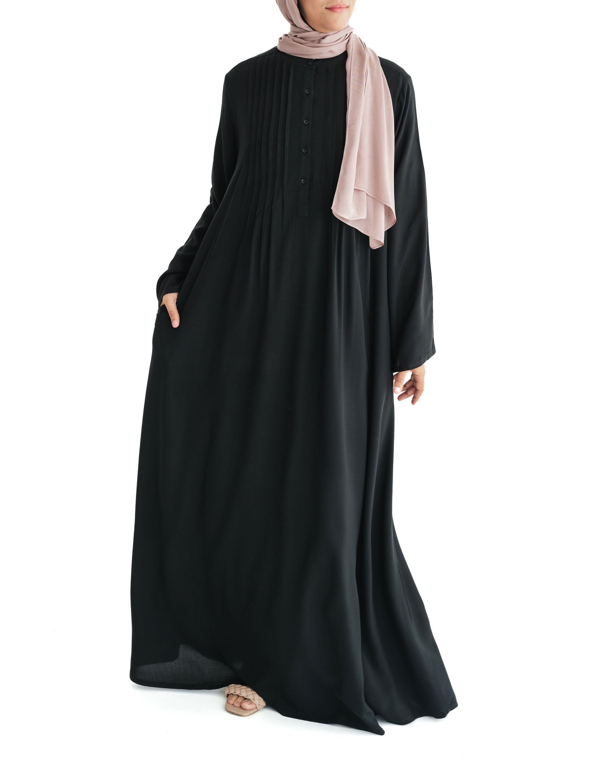 Black Marina Pleated Button Top Abaya