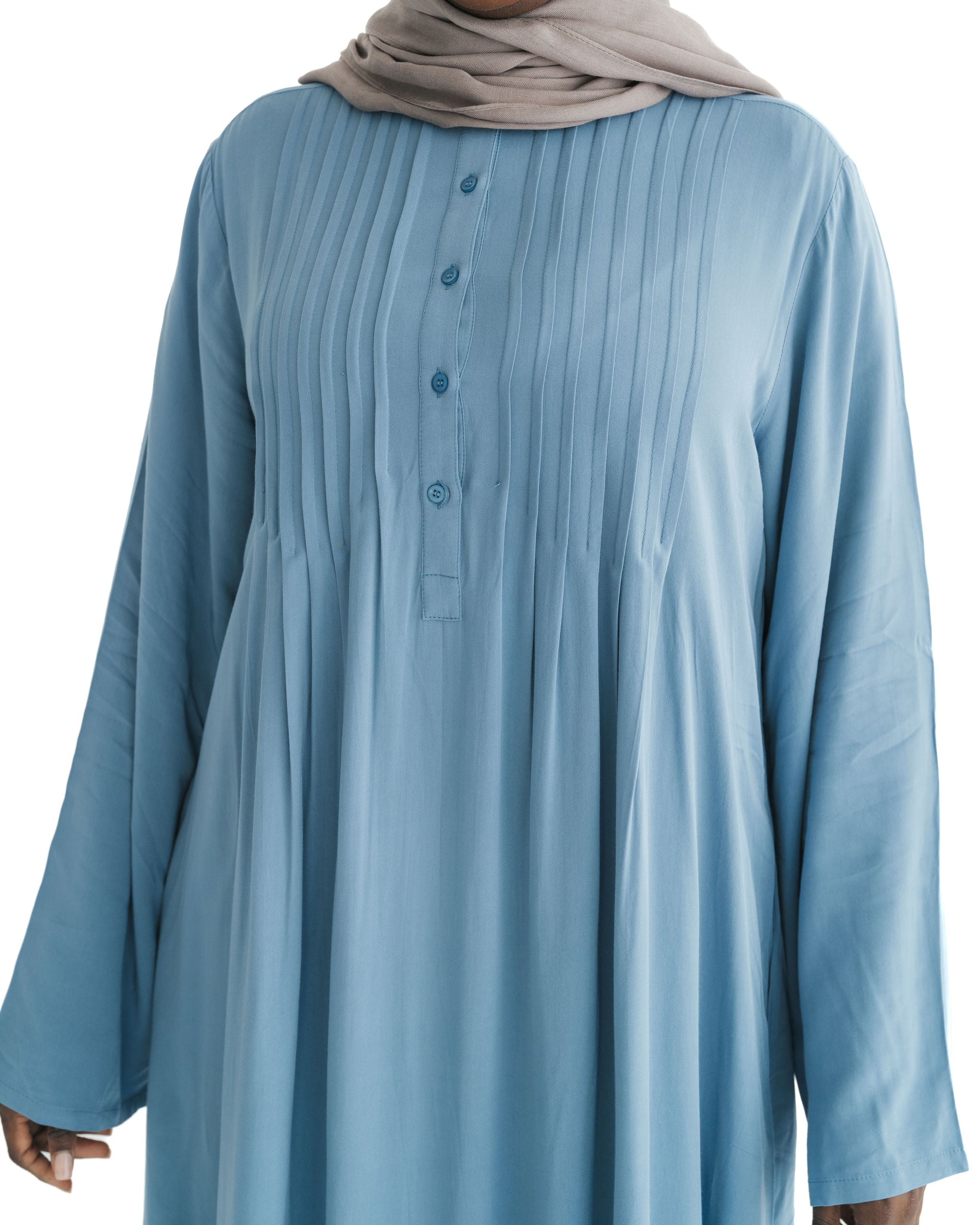 Soft Blue Marina Pleated Button Top Abaya