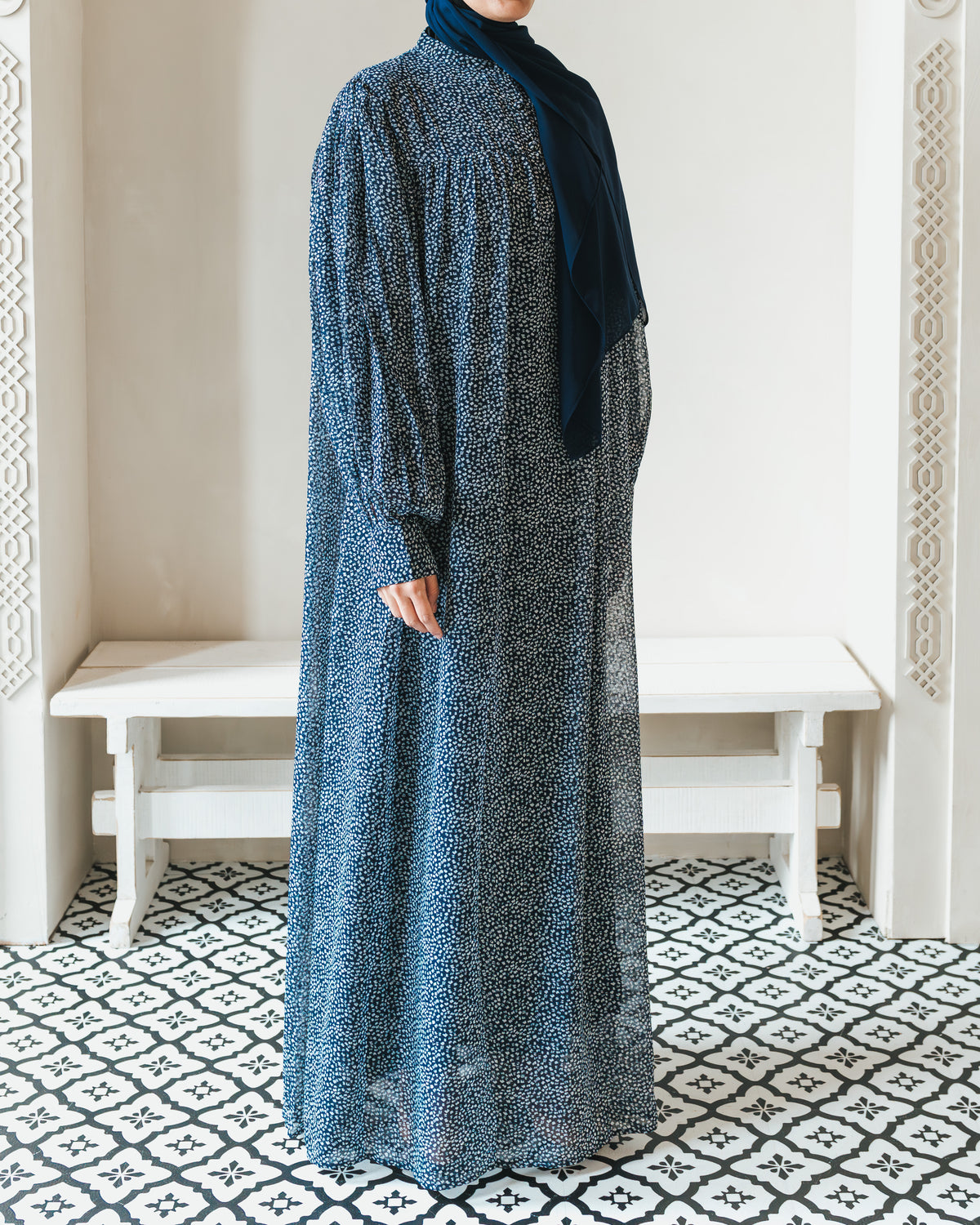 Sheer Navy Pebble Print Abaya | aaBideen Sheer Navy Pebble Print Abaya | aaBideen