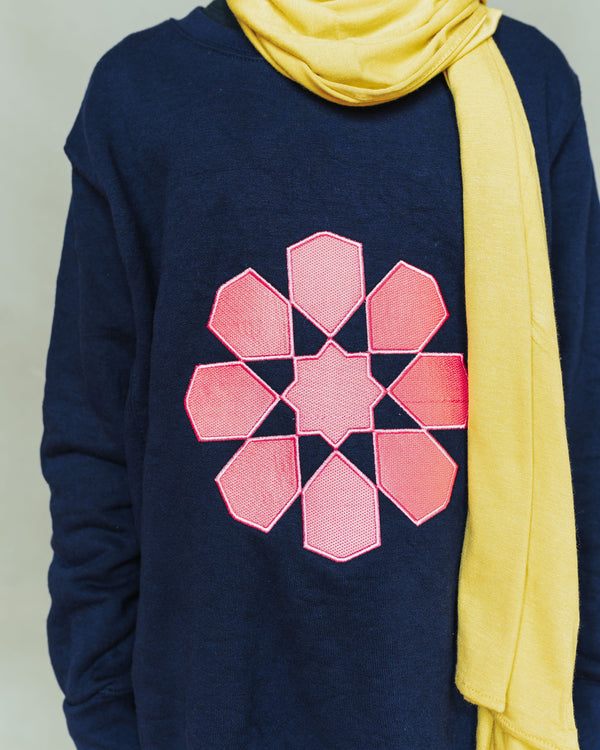 Girl's Long Navy Geo Crewneck