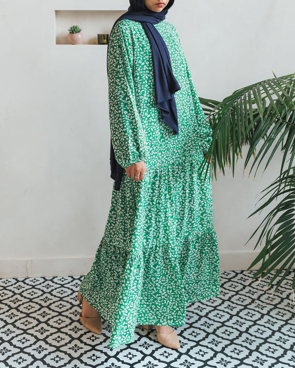 Kelly Green Printed Tiered Abaya