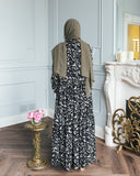 Black and White Floral Printed Tiered Abaya