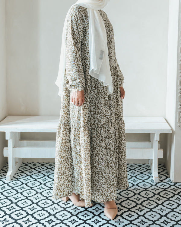 Olive Floral Printed Tiered Abaya