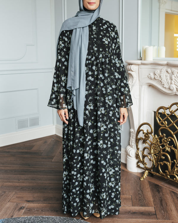 Sheer Black Floral Lace Abaya