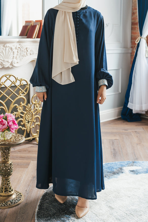 Navy Thin Cuff Embroidered Abaya