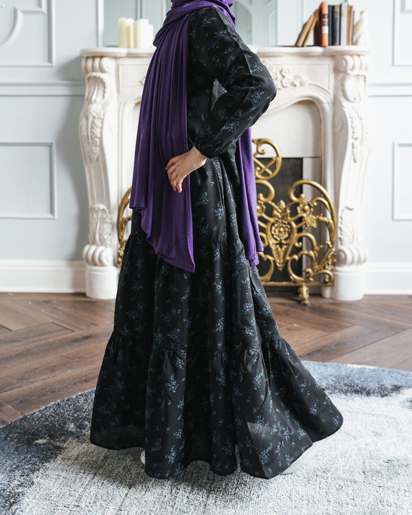 Girls Black Tiny Floral Tiered Abaya