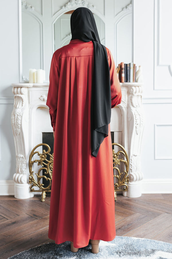 Rust Satin Pleated Blouse Abaya