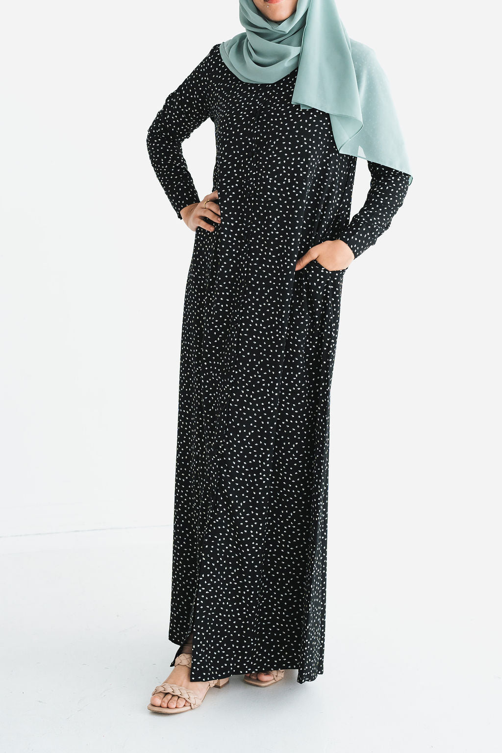 Black Button-Front Printed Abaya